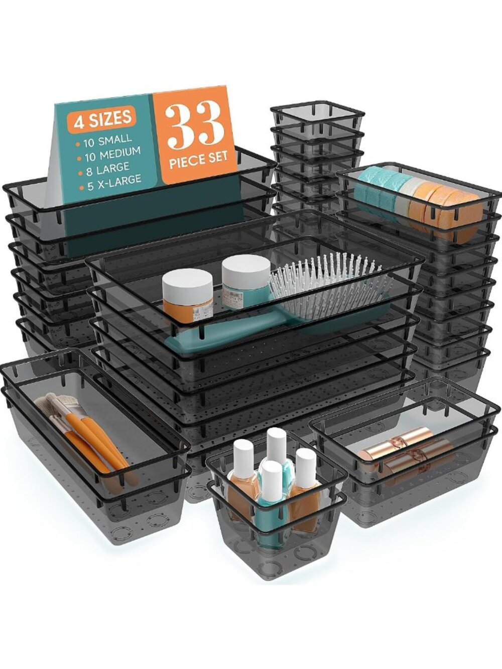 33 PCS Plastic Drawer Organizer Set | 4 Sizes for Makeup, Jewelry, Kitchen